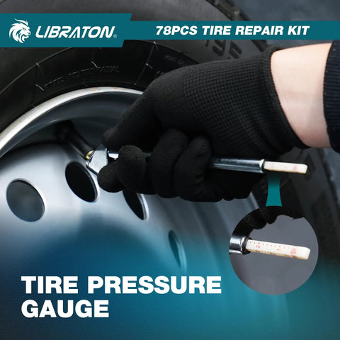 Tire pressure gauge from the 78 Piece Professional Tire Repair Kit With Heavy Duty Plugs for accurate tire assessment.