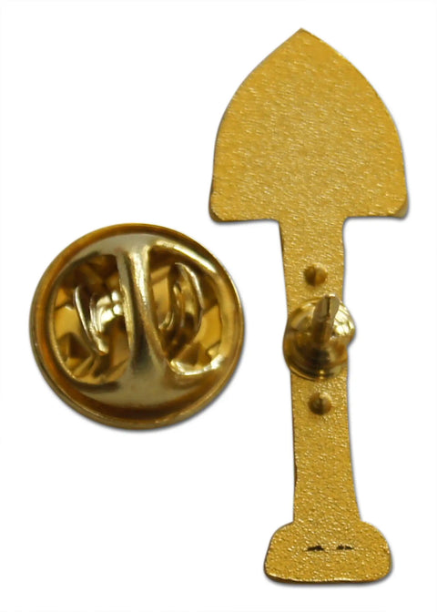 Straight Up Sweet Spring Gardening Enamel Lapel Pin Set For Suit Jacket And Necktie Three Piece Spade Shovel Hat Pin Kit With Secure Clutch Backs For Green Thumbs, gold shovel pin with clutch.