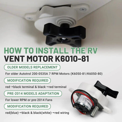 RV Roof Vent Lift Motor K6010-81 17 RPM installation instructions and components for Dometic Fan-Tastic B Series.