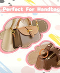 Brown handbag with 48 Pack Bulk Value Set Multicolor Small Round Carabiner Clips 1 Inch Metal Key Ring Hooks attached.