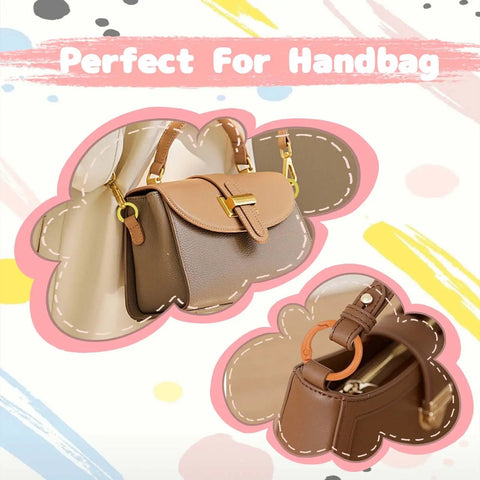 Brown handbag with 48 Pack Bulk Value Set Multicolor Small Round Carabiner Clips 1 Inch Metal Key Ring Hooks attached.