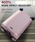 Pink recycled polycarbonate carry-on luggage by ECOHUB, impact-resistant design with four corner protectors, resting on stairs.