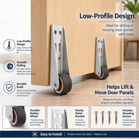 2 Pack Low Profile Caster Wheels 0.8 Inch Silver Non Slip Side Mount for doors and cabinets with smooth rolling design
