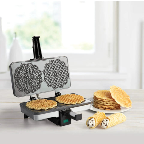 Authentic Italian Pizzelle Maker Electric Baker Press Makes Two 5 Inch Cookies with nonstick plates and traditional designs.