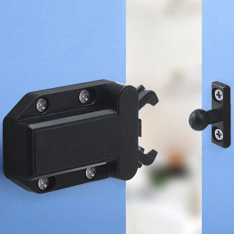 Close-up of Push To Open Cabinet Latch With Touch Release, No-Handle Push Lock for wardrobes in black finish on blue door.