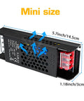 Ultra Compact 12 Volt 10 Amp 120 Watt Switching Power Supply dimensions showing mini size of 5.7x1.88x1.18 inches in black housing.