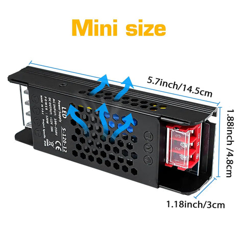 Ultra Compact 12 Volt 10 Amp 120 Watt Switching Power Supply dimensions showing mini size of 5.7x1.88x1.18 inches in black housing.