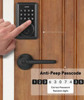 Electronic Keypad Deadbolt For Beefing Up Your Home Security With 50 User Codes And Anti-Peep, Auto Lock on wooden door.