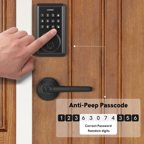 Electronic Keypad Deadbolt For Beefing Up Your Home Security With 50 User Codes And Anti-Peep, Auto Lock on wooden door.