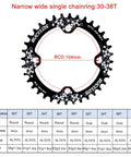 Hollow Aluminum Mountain Bike Crankset With 104 BCD 30T-38T Chainrings, round shape, size chart included, narrow wide design.