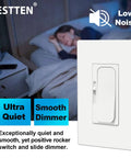 6 Pack Super Slim Digital Dimmer Switch Quiet Rocker For Single Pole Or 3 Way Dimmable Lighting Fits Dimmable LED CFL Incandescent Halogen ETL Listed White shown beside a sleeping woman illustrating ultra quiet function.