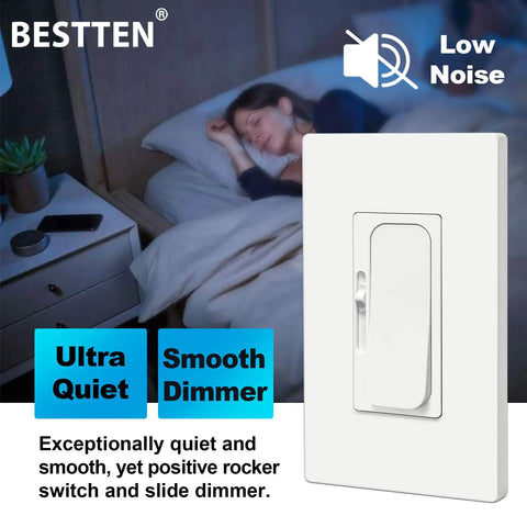 6 Pack Super Slim Digital Dimmer Switch Quiet Rocker For Single Pole Or 3 Way Dimmable Lighting Fits Dimmable LED CFL Incandescent Halogen ETL Listed White shown beside a sleeping woman illustrating ultra quiet function.