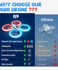 Comparison chart of Q9 Easy To Fly RC Drone For Kids And Adults With LED lights and 24 Min Flight Time versus other drones.