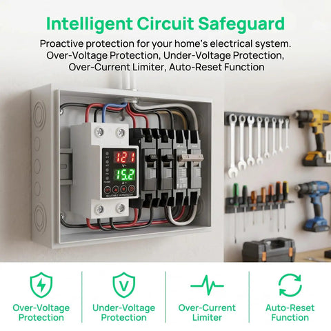 63A Smart Voltage Protector With LCD Display 110V To 220V Wide Range, Adjustable Overvoltage And Undervoltage Protection, High Current DIN Rail Mount For Home And Office Appliances Like ACs, Fridges, Washers And Water Heaters installed in breaker panel