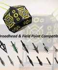 18 Sided Portable Foam Archery Target Block With Carry Handle For Broadheads Field Points Compound Bows And Crossbows High Visibility Neon Yellow Spots And Sight In Grid showcases broadhead and field point compatibility with neon yellow target highlights.