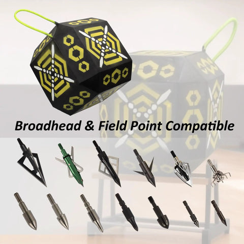 18 Sided Portable Foam Archery Target Block With Carry Handle For Broadheads Field Points Compound Bows And Crossbows High Visibility Neon Yellow Spots And Sight In Grid showcases broadhead and field point compatibility with neon yellow target highlights.