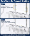 Rustproof Aluminum Shower Caddy Hanging Organizer With Two Tier Baskets Three Removable Hooks And Soap Dish Inside Shower Storage For Razors Shampoo Gel Towels And More In Bright Silver mounted with adhesive and suction cup for stability.