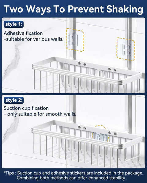 Rustproof Aluminum Shower Caddy Hanging Organizer With Two Tier Baskets Three Removable Hooks And Soap Dish Inside Shower Storage For Razors Shampoo Gel Towels And More In Bright Silver mounted with adhesive and suction cup for stability.