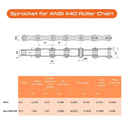 Diagram of Heavy Duty 30 Tooth Roller Chain Sprocket With Half Inch Pitch And 1 Inch Bore For 40 Chain Carbon Steel.