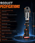 21V Brushless Electric Copper Pipe Crimper specifications image showing features like LED display, start switch and pliers head with measurements.