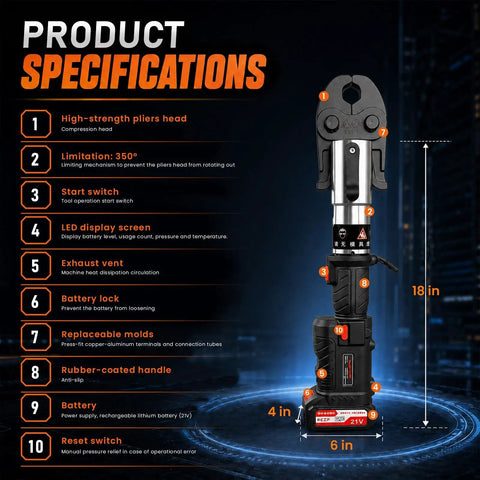 21V Brushless Electric Copper Pipe Crimper specifications image showing features like LED display, start switch and pliers head with measurements.