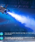 700W Fog Machine With Eight RGB LED Lights And Fourteen Colorful LED Effects spraying fog in a dark venue for events