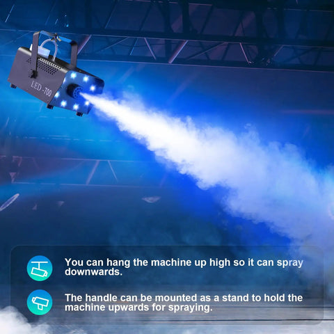 700W Fog Machine With Eight RGB LED Lights And Fourteen Colorful LED Effects spraying fog in a dark venue for events