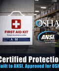 Wall-mounted 2-Shelf OSHA Compliant First Aid Kit Cabinet For 50 People ANSI Class A Emergency Cabinet with safety certifications.
