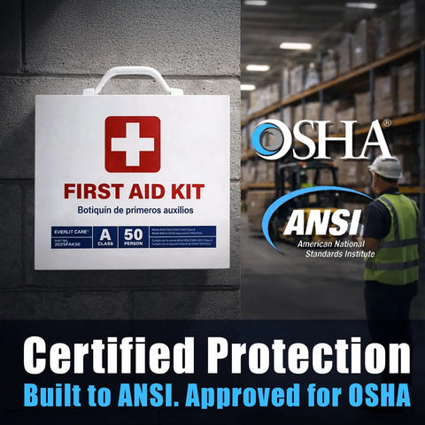 Wall-mounted 2-Shelf OSHA Compliant First Aid Kit Cabinet For 50 People ANSI Class A Emergency Cabinet with safety certifications.