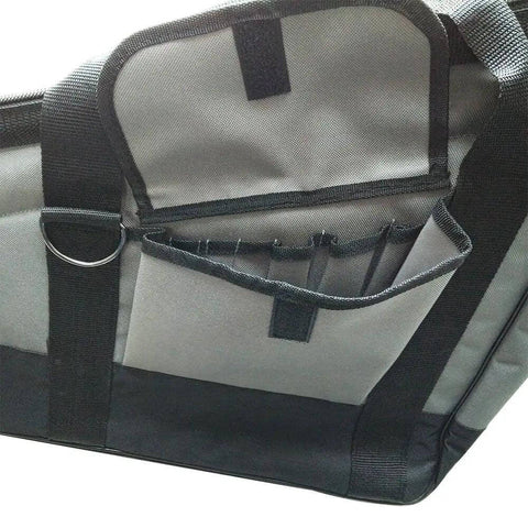 Side view of Heavy Duty Framer Nail Gun Tool Bag With Extra Pockets, 22 Inch Long By 16 Inch Wide By 8 Inch Tall, built from rugged 600D polyester.