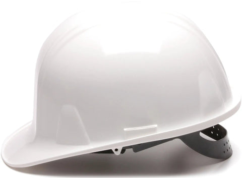 White 4 Point Snap Lock Suspension Hard Hat With Low Profile Design Reverse Donning Tested Built Tough HDPE Shell For Job Site Safety And All Day Comfort On The Go