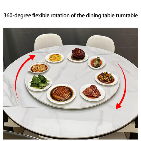 Round Rotating Serving Plate With Non Slip Marble Surface 12mm Thick Lazy Susan Kitchen Turntable 360 Degree Whisper Quiet Base Large Dining Tray 120cm White Streaks featuring dishes and arrows indicating rotation.