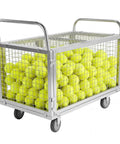 Heavy Duty Convertible Utility Cart 7 In 1 Rolling Platform Truck With Secure Cage Enclosure 2000 Lb Capacity Steel Frame holding yellow tennis balls.
