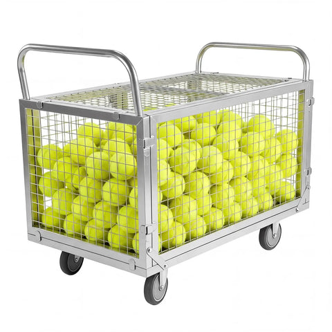 Heavy Duty Convertible Utility Cart 7 In 1 Rolling Platform Truck With Secure Cage Enclosure 2000 Lb Capacity Steel Frame holding yellow tennis balls.