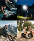 Collage of Ultra Bright LED Flashlight With 100000 Lumens in various outdoor and emergency scenarios, showcasing versatility.