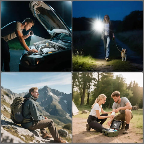 Collage of Ultra Bright LED Flashlight With 100000 Lumens in various outdoor and emergency scenarios, showcasing versatility.