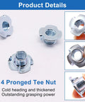 M10 T Nuts 80Pcs Set Four Pronged Tee Nuts Threaded Inserts For Wood Cabinets Climbing Holds Zinc Plated Steel Rust Resistant