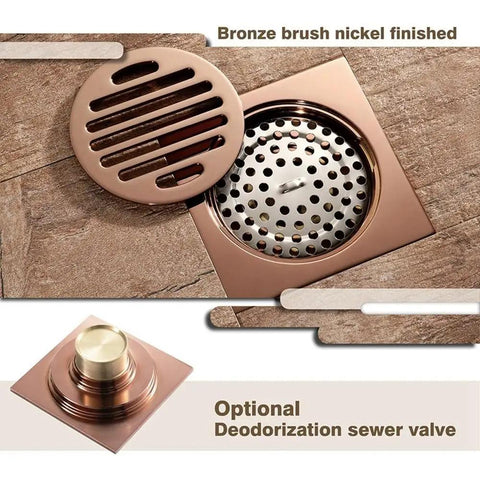 Rose Gold Bathtub Stopper With Anti Odor Shower Floor Drain Valve Heavy Duty Brass Waste Gate Featuring A Slick Finish And No Sweat Install For Smooth Bathroom Draining Solutions, showing a bronze finish floor drain with slotted cover.