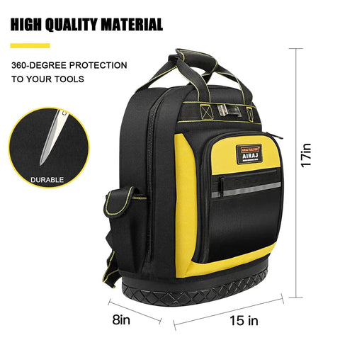 Heavy Duty Tool Backpack With Molded Waterproof Bottom And Waist Support For Electricians, Plumbers, And Pros Built To Last