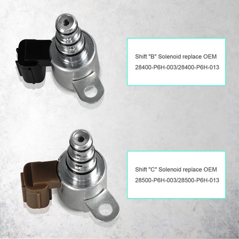 Transmission Shift Control Solenoid Valve B and C for Honda and Acura, shown with connectors, replacement 28400-P6H-013 and 28500-P6H-013
