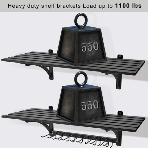 Heavy Duty Wall Mount Garage Shelf Set 2 Pack, 16x38 Inches with six-hole triangular support, holding 550 lbs each