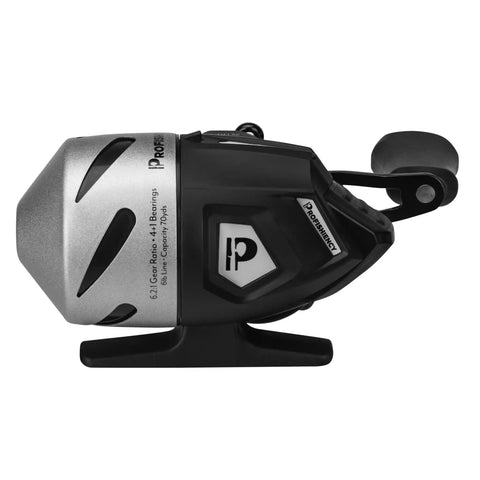 Side view of Sniper Economy Micro Spincast Reel With Clam Pack And Stainless Steel Cone, Lightning 6.2:1 Gear Ratio, 25 IPT