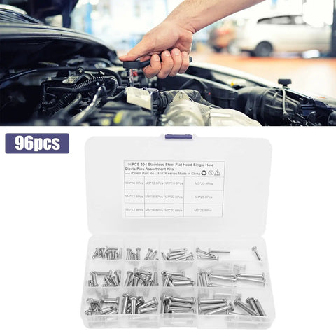 Stainless Steel Clevis Pin Kit 64 Pieces With 12 Sizes Pro Grade Round And Flat Head Pins T Shaped Pins for automotive use.