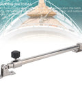 Adjustable boat hatch window adjuster rod, marine-grade stainless steel with sliding locking knob and mounting brackets.