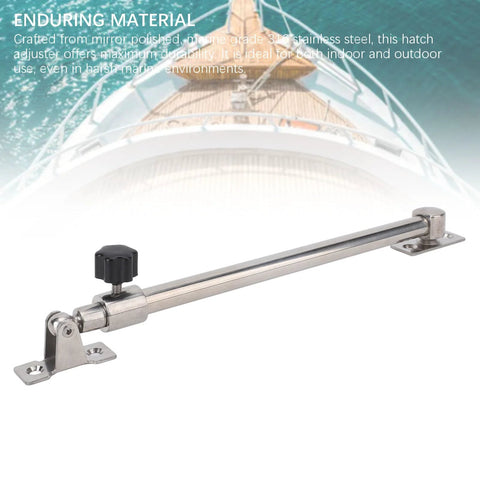 Side view of stainless steel boat hatch lid support rod with mounting brackets and black adjustment knob, 248–432mm.