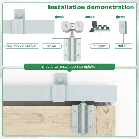 Installation diagram of 8 Foot Galvanized Box Track Sliding Barn Door Hardware For Exterior Use One Piece Box Rail Design.