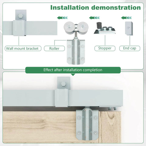 Installation diagram of 24Ft Exterior Box Track Barn Door Hardware Kit Heavy Duty Wall Mount For Outdoor Use Supports Up To 330 Lbs Hang 2 Doors Fits 72 Inches Wide Dual Door System With Galvanized Steel Rail.