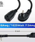 Two Pack 8-Inch Power Extension Cable With 45-Degree Low Profile Flat Plug, 3 Prong Grounded Male To Female, 16AWG SJTW ETL Listed