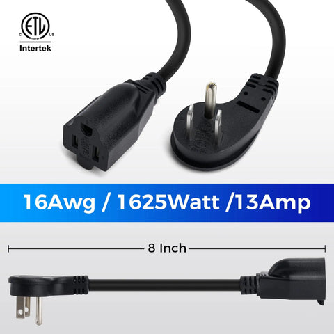 Two Pack 8-Inch Power Extension Cable With 45-Degree Low Profile Flat Plug, 3 Prong Grounded Male To Female, 16AWG SJTW ETL Listed