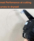 Hemunc drywall blade for oscillating tool; black blade, close-up cutting a circular outline in drywall.